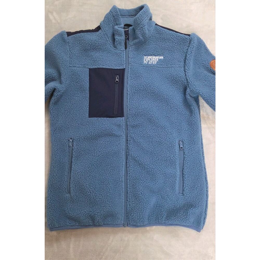 SCANDINAVIAN EXPLORER Fleece Jacket Womens XL Blue Full Zip pockets leather logo